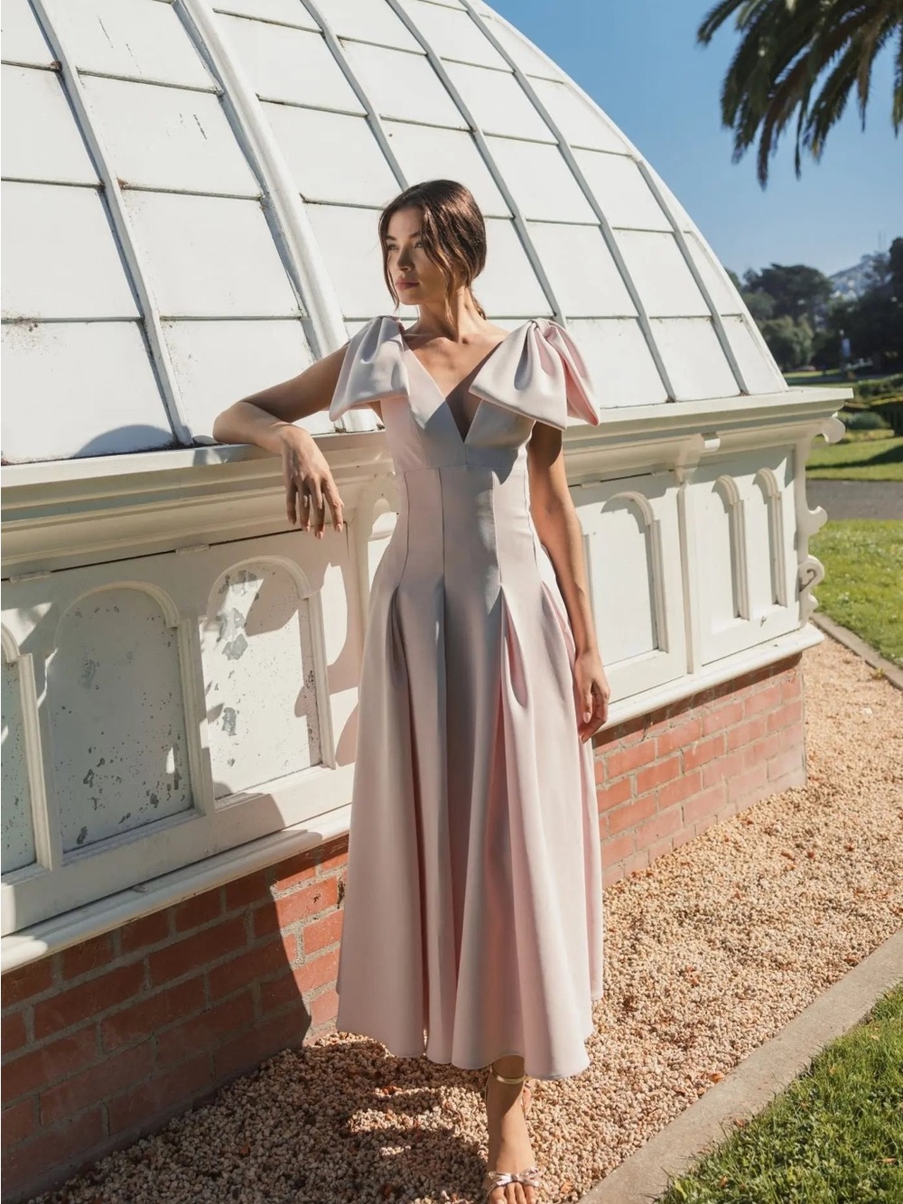 MAC DUGGAL
Pink Crepe A Line Midi Dress With Bow Straps Size 12 - Picture 3 of 7